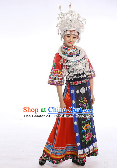Traditional Chinese Miao Nationality Dancing Costume Accessories Necklace, Female Folk Dance Ethnic Cloth and Headwear, Chinese Tujia Minority Nationality Costume and Hat for Women