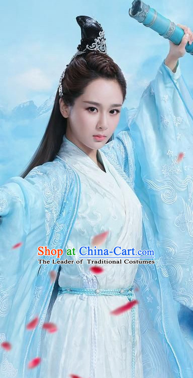 Ancient Chinese Fairy Knight Costumes and Hair Jewelry Complete Set for Women Girls