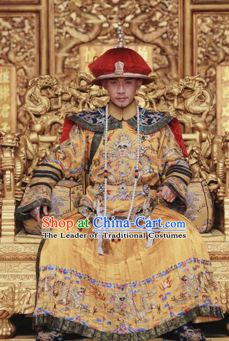 Asian China Qing Dynasty Imperial Emperor Costume and Headpiece Complete Set, Traditional Chinese Ancient Manchu Palace Embroidered Clothing for Men