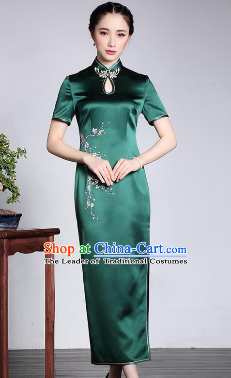 Asian Republic of China Young Lady Retro Stand Collar Green Silk Cheongsam, Traditional Chinese Embroidered Qipao Tang Suit Dress for Women