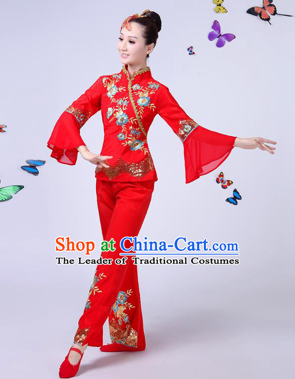 Traditional Chinese Classical Umbrella Dance Embroidered Red Uniform, China Yangko Folk Fan Dance Clothing for Women