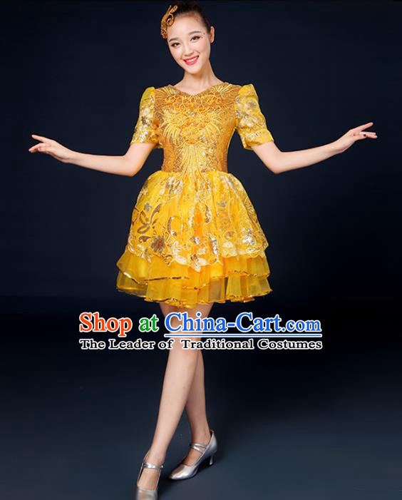 Traditional Chinese Modern Dance Opening Dance Clothing Chorus Classical Dance Yellow Bubble Dress for Women