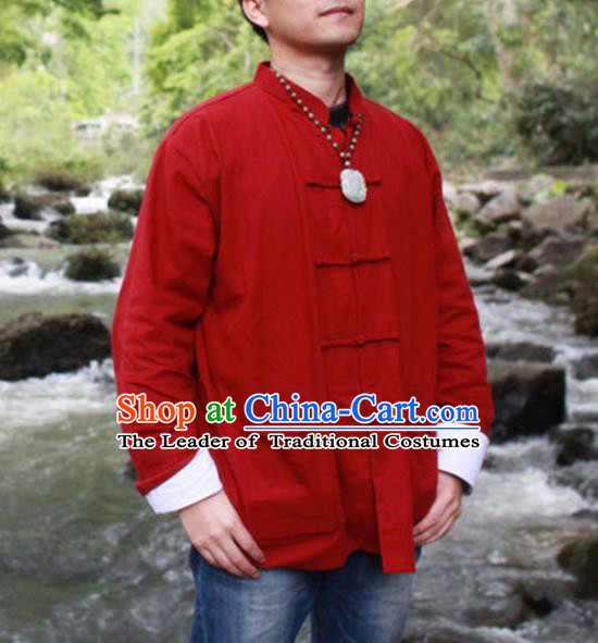 Traditional Top Chinese National Tang Suits Linen Costume, Martial Arts Kung Fu Front Opening Red Coats, Kung fu Plate Buttons Jacket, Chinese Taichi Short Coats Wushu Clothing for Men