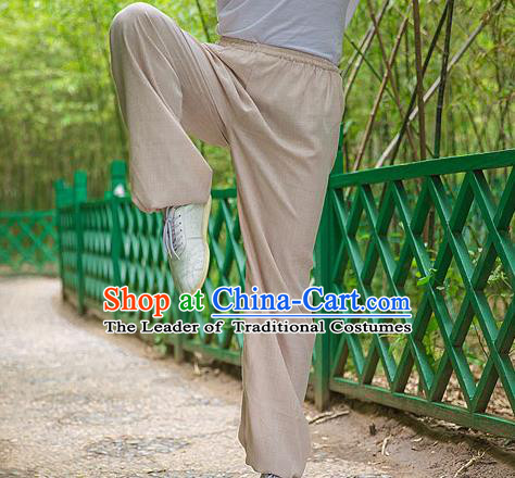 Traditional Chinese Top Linen Kung Fu Costume Martial Arts Kung Fu Training Light Brown Pants, Tang Suit Gongfu Shaolin Wushu Clothing Tai Chi Taiji Teacher Trousers for Men