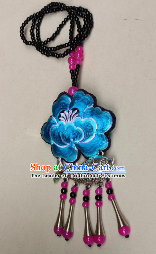 Traditional Chinese Miao Nationality Crafts Jewelry Accessory, Hmong Handmade Miao Silver Fish Beads Tassel Embroidery Peony Pendant, Miao Ethnic Minority Necklace Accessories Sweater Chain Pendant for Women