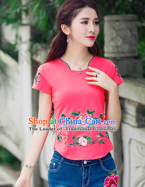 Traditional Ancient Chinese National Costume, Elegant Hanfu Embroidered Peony Flowers Mandarin Collar T-Shirt, China Tang Suit Red Blouse Cheongsam Qipao Shirts Clothing for Women