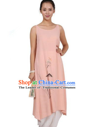 Top Chinese Traditional Costume Tang Suit Linen Painting Lotus Sundress, Pulian Zen Clothing Republic of China Pinafore Dress Pink Dress for Women