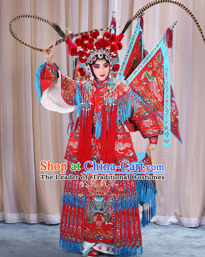 Traditional Chinese Beijing Opera Magic Warriors Red Clothing and Shoes Complete Set, China Peking Opera Blues Costume Embroidered Robe Opera Costumes
