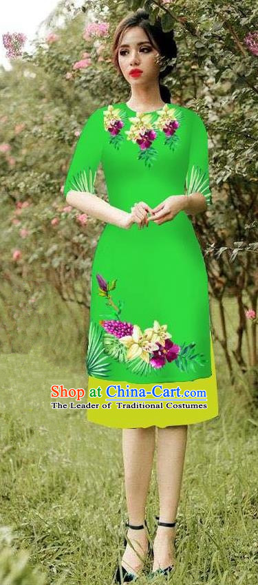 Top Grade Asian Vietnamese Costumes Classical Jing Nationality Short Cheongsam, Vietnam National Vietnamese Bride Traditional Princess Green Ao Dai Dress