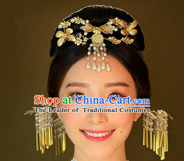 Top Grade Chinese Handmade Wedding Hair Accessories Forehead Ornament, Traditional China Xiuhe Suit Phoenix Coronet Bride Hanfu Tassel Hairpins Complete Set for Women
