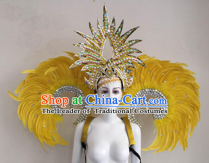 Top Grade Compere Professional Performance Catwalks Yellow Feather Wings and Headpiece, Traditional Brazilian Rio Carnival Samba Opening Dance Suits Modern Fancywork Swimsuit Clothing for Women