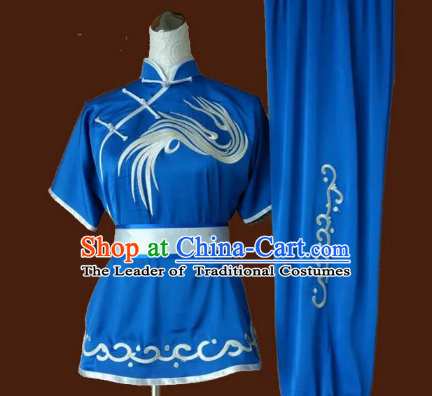 Asian Chinese Top Grade Silk Kung Fu Costume Martial Arts Tai Chi Training Suit, China Embroidery Gongfu Shaolin Wushu Blue Uniform for Women