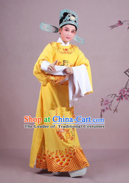 Traditional China Beijing Opera Niche Costume Lang Scholar Yellow Embroidered Robe and Hat, Ancient Chinese Peking Opera Magistrate Embroidery Dragons Gwanbok Clothing