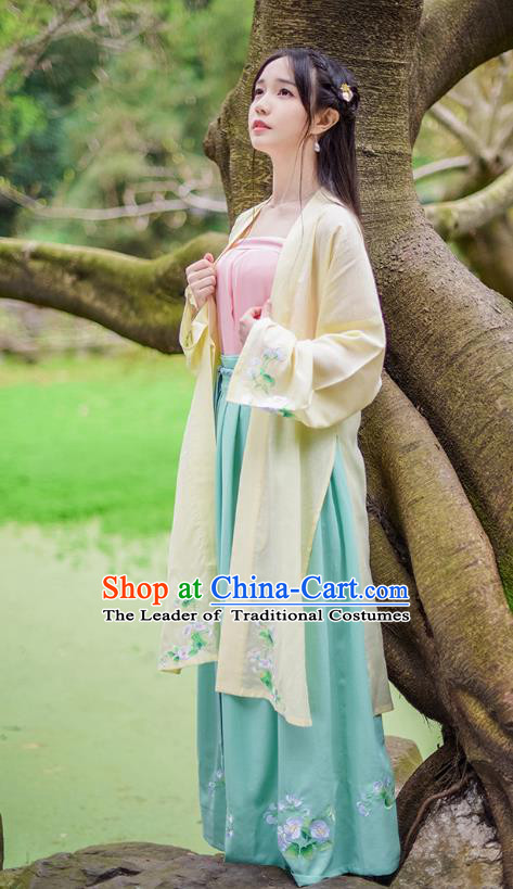 Traditional Chinese Ancient Hanfu Princess Costume, Asian China Song Dynasty Young Lady Embroidery Long BeiZi Yellow Cardigan for Women