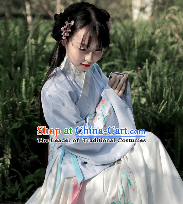 Traditional Chinese Ancient Hanfu Costume Embroidered Slant Opening Blue Blouse, Asian China Ming Dynasty Princess Upper Outer Garment Clothing for Women