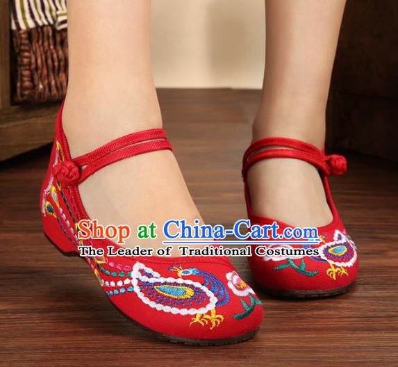 Traditional Chinese National Hanfu Embroidery Phoenix Red Shoes, China Princess Embroidered Shoes for Women