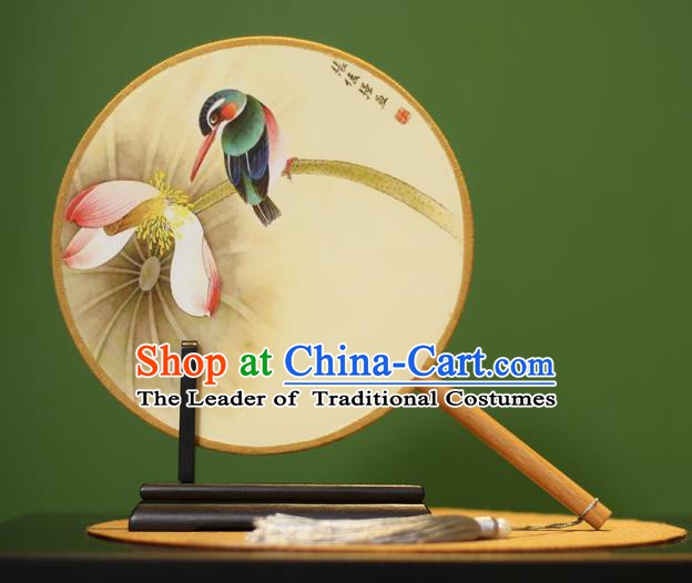 Traditional Chinese Crafts Painting Bird Lotus Round Fan, China Palace Fans Princess Silk Circular Fans for Women