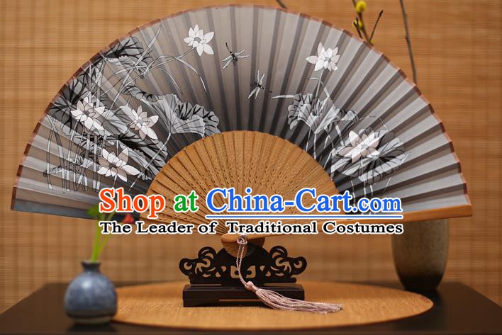 Traditional Chinese Crafts Printing Lotus Grey Folding Fan, China Handmade Bamboo Fans for Women