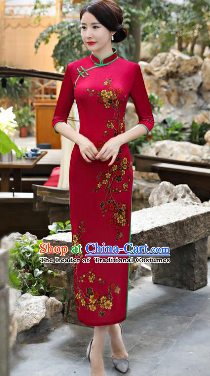 Chinese National Costume Tang Suit Rosy Pleuche Qipao Dress Traditional Cheongsam for Women