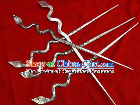 Chinese Traditional Miao Nationality Hair Accessories, Hmong Sliver Snake Hairpins Headwear for Women