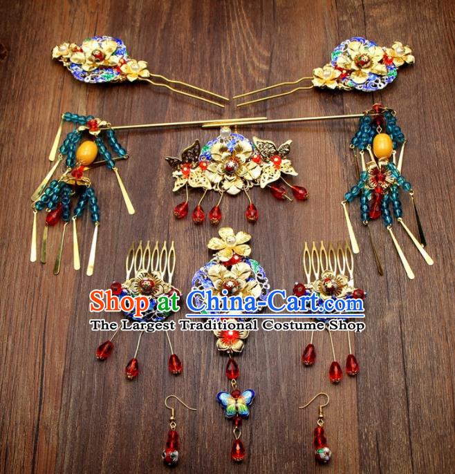 Chinese Ancient XiuHe Suit Handmade Hairpins Cloisonne Hair Accessories Complete Set for Women