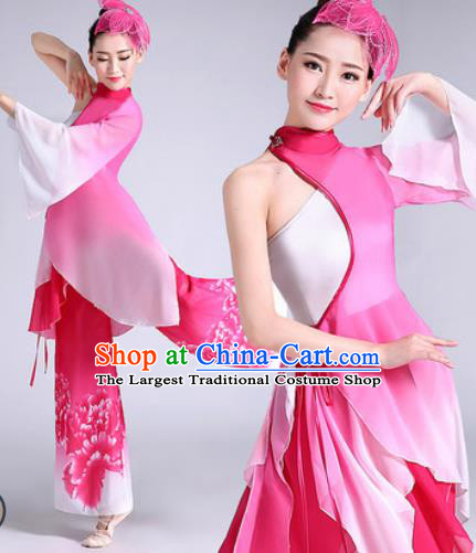 Chinese Traditional Classical Dance Fan Dance Rosy Dress Umbrella Dance Stage Performance Costume for Women