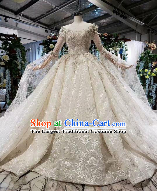Top Grade Customize Bride Embroidered White Veil Trailing Full Dress Court Princess Wedding Costume for Women