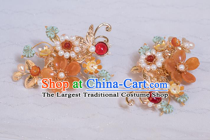 Chinese Classical Pearls Hair Sticks Handmade Hanfu Hair Accessories Ancient Ming Dynasty Princess Golden Butterfly Hairpins