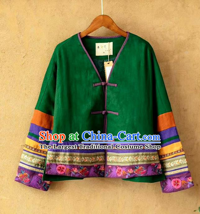 China Women Tang Suit Embroidered Coat National Green Flax Cotton Padded Jacket Traditional Winter Costume
