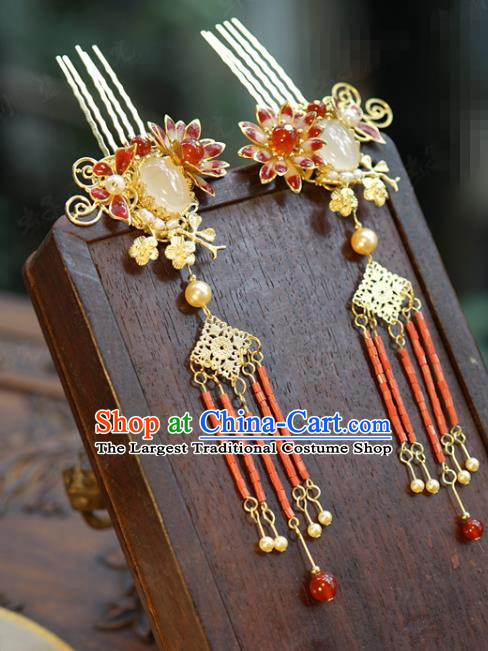 China Wedding Red Tassel Hair Combs Traditional Xiuhe Suit Hair Accessories Ancient Bride Chalcedony Hairpin