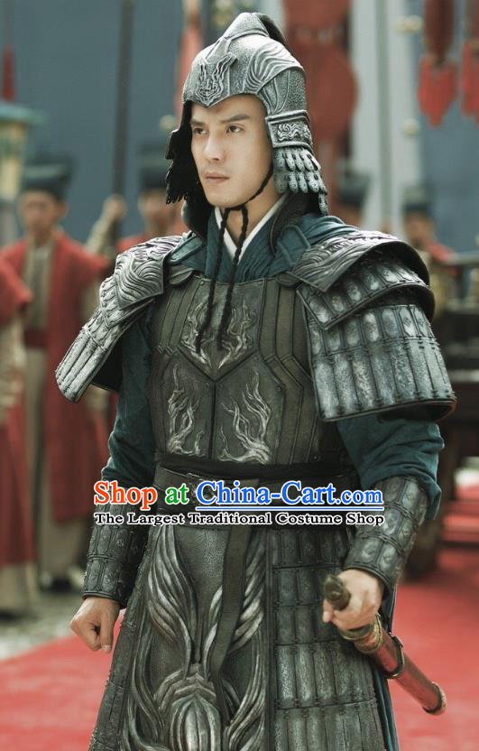 Chinese Drama Princess Silver Ancient General Xiao Sha Armor Historical Costume and Headwear for Men