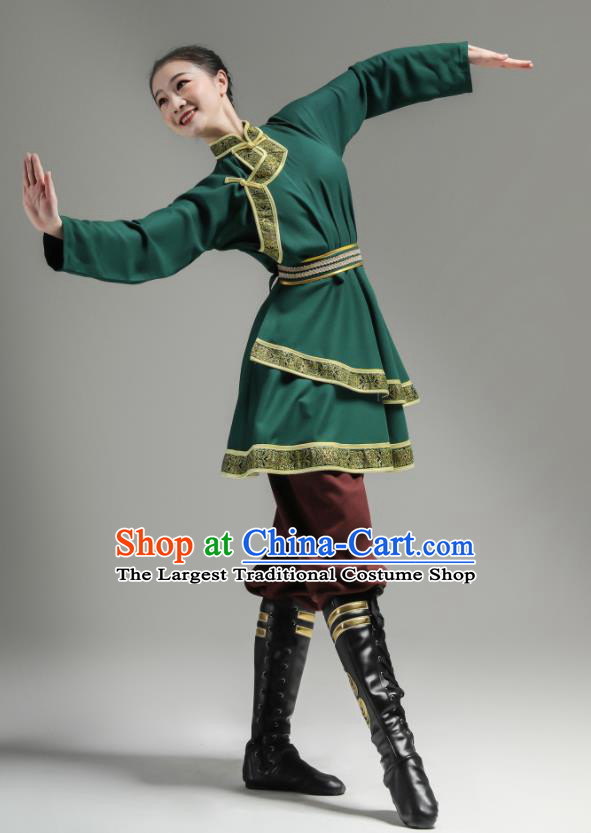 Chinese Ethnic Woman Garments Mongol Minority Performance Green Dress Outfits Mongolian Nationality Clothing Folk Dance Costume