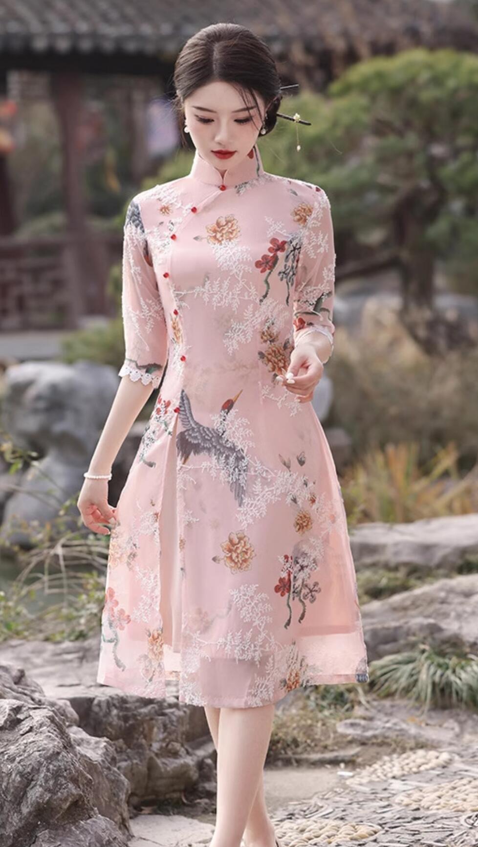 Traditional Chinese Clothing China Aodai Qipao Dress Modern Pink Cheongsam