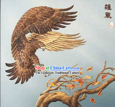 Chinese Classic Large Hand Carved Wood House Solid Decorative Painting-Hawk Landing
