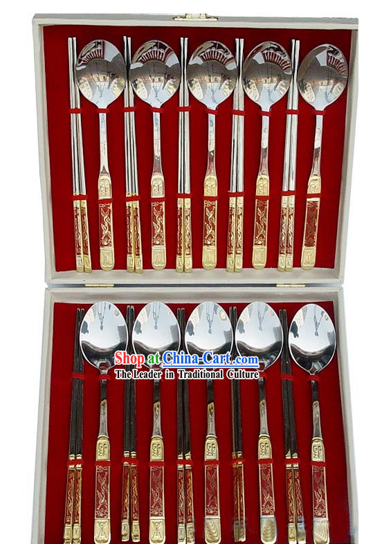 Chinese Classic Red Cloisonne Dishware-20 Pieces Scoops and Chopsticks Set