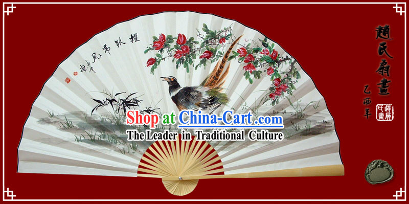 Chinese Hand Painted Large Decoration Fan by Zhao Qiaofa-Brave Sparrow Spirit