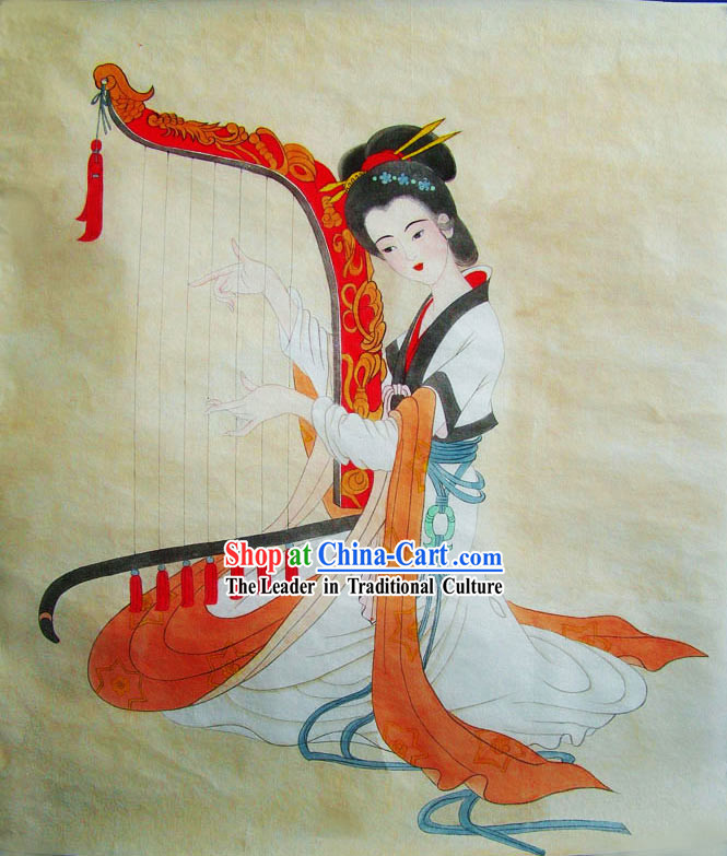 Chinese Traditional Painting-Ancient Palace Harp Playing Beauty
