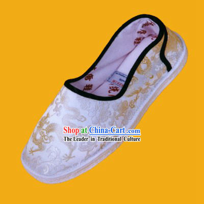 Chinese Hand Made Folk Dragon White Cloth Shoes for Man