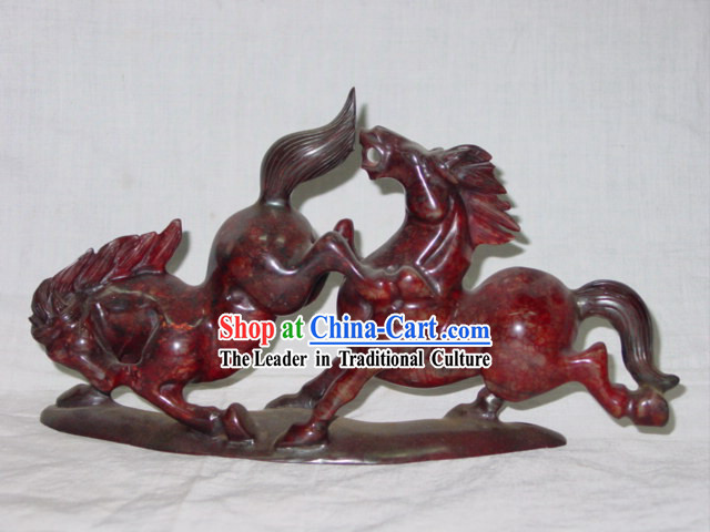 Chinese Rare Chicken Blood Jade Horse Couple Sculpture