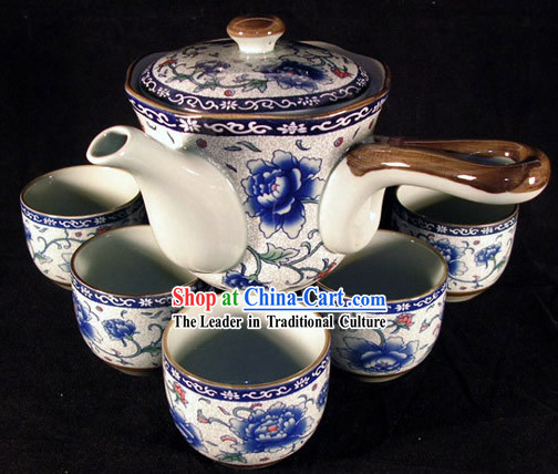 Chinese Jingde Town Celadon Peony Veins Tea Set_9 pieces_