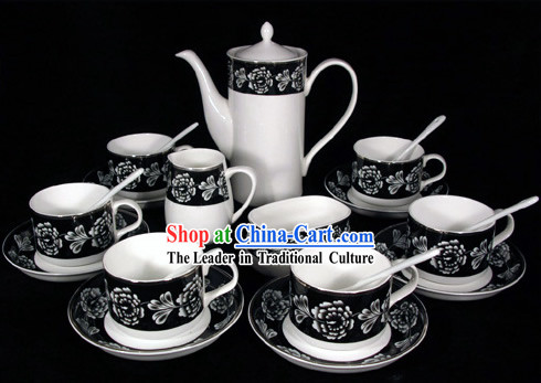 Chinese Jingde Jade Porcelain Black Rose Coffee Set