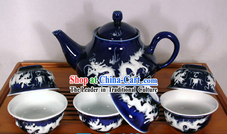 China Jingde Basso Relievo Porcelain Double Draongs Playing Ball Tea Set