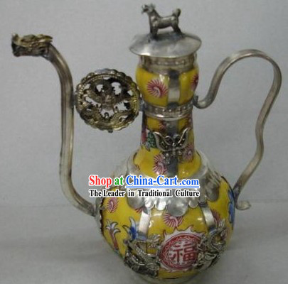 Chinese Ancient Palace "Fu" Style Silver and Jade Kettle