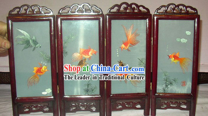Chinese Embroidery Folding Screen Handicraft-Goldfishes
