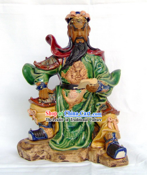 Shiwan Pottery Handicraft Masterpiecs Chinese Guan Gong Reading at Night Statue