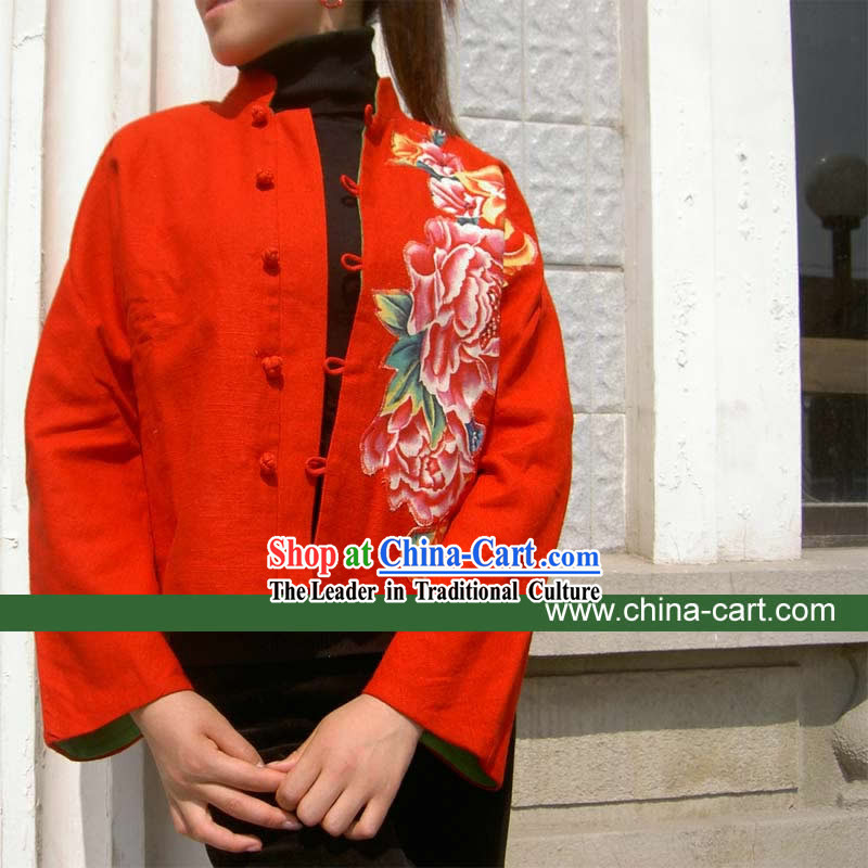 Chinese Lucky Red Mandarin Large Peony Blouse