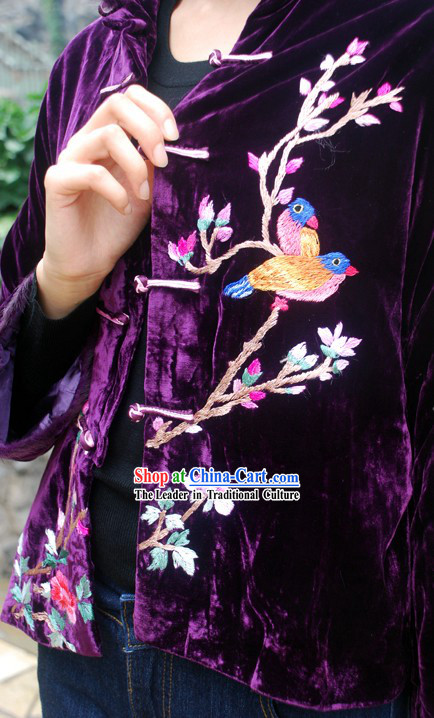 Chinese Stunning Handmade and Embroidered Birds Velvet Overcoat for Women