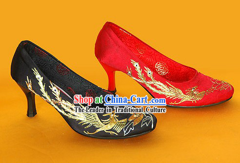 Chinese Classical Handmade and Embroidered Dragon and Phoenix High Heel Wedding Shoes