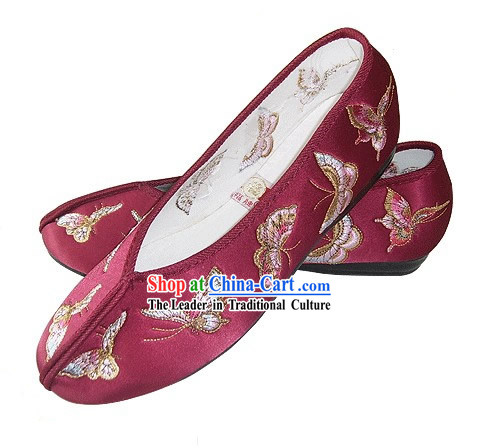 Chinese Traditional Handmade Embroidered Butterfly Satin Shoes _brown_