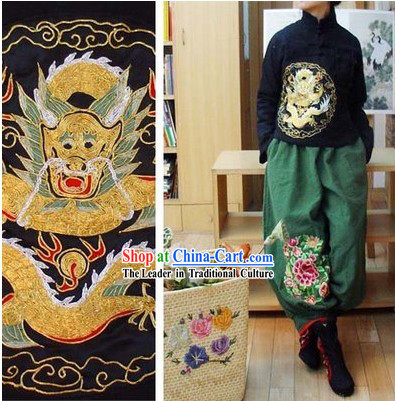 Supreme Chinese Black Hands Embroidered Dragon Cotton Blouse
